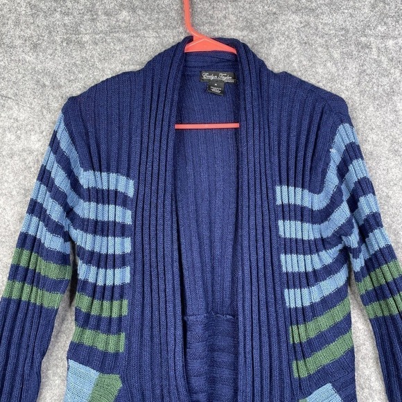 Evelyn Taylor Open Cardigan Women's Medium Navy Stripe Ribbed Drape-Hem - Picture 2 of 8